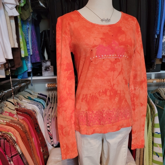 HARLEY-DAVIDSON ♡ Sweet Vintage Orange Tie Dye Embellished Bling H-D Top M - Picture 1 of 17